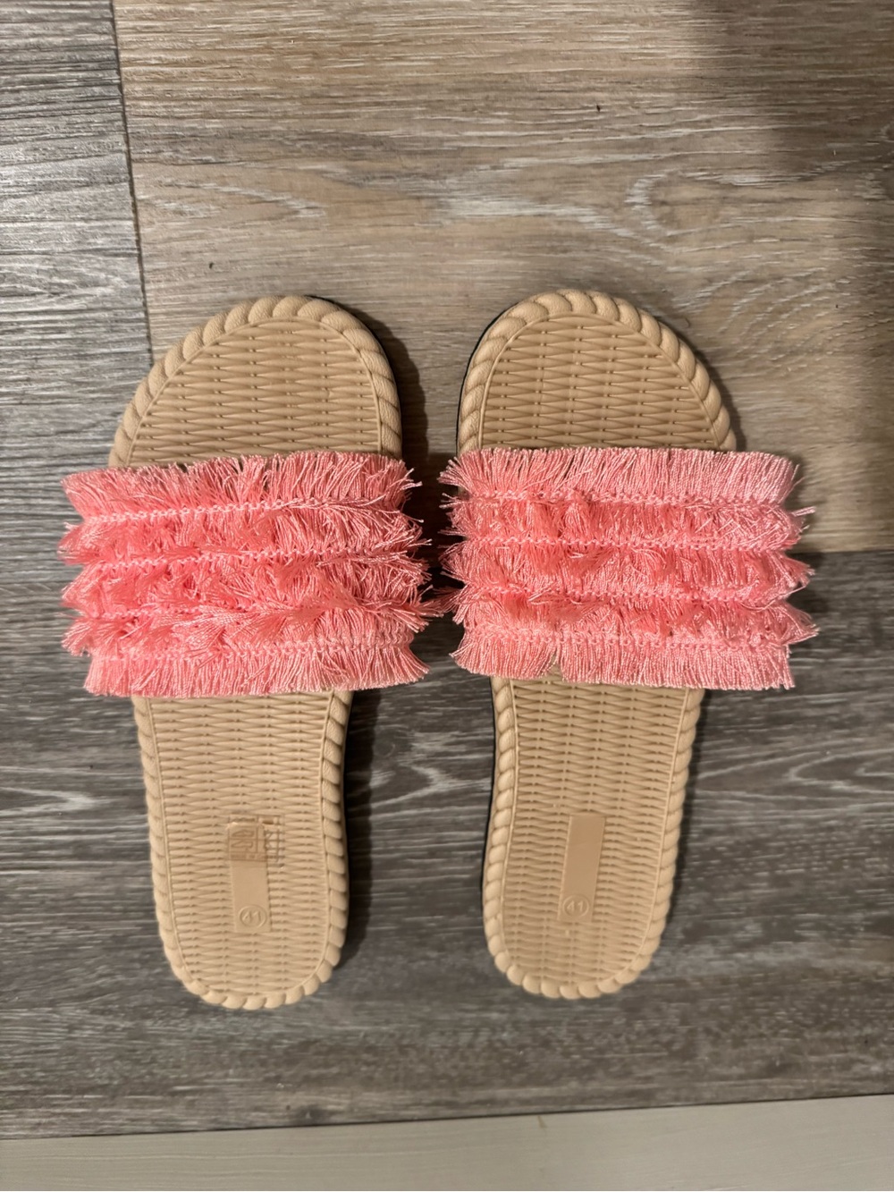 Fringed Slide Sandals in Coral Pink
